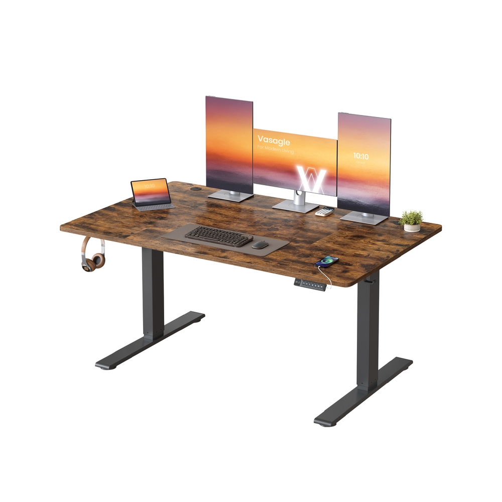 Reguliuojamo aukščio rašomasis stalas 140 x 80 cm, su USB-C jungtimi, vintažinės rudos spalvos