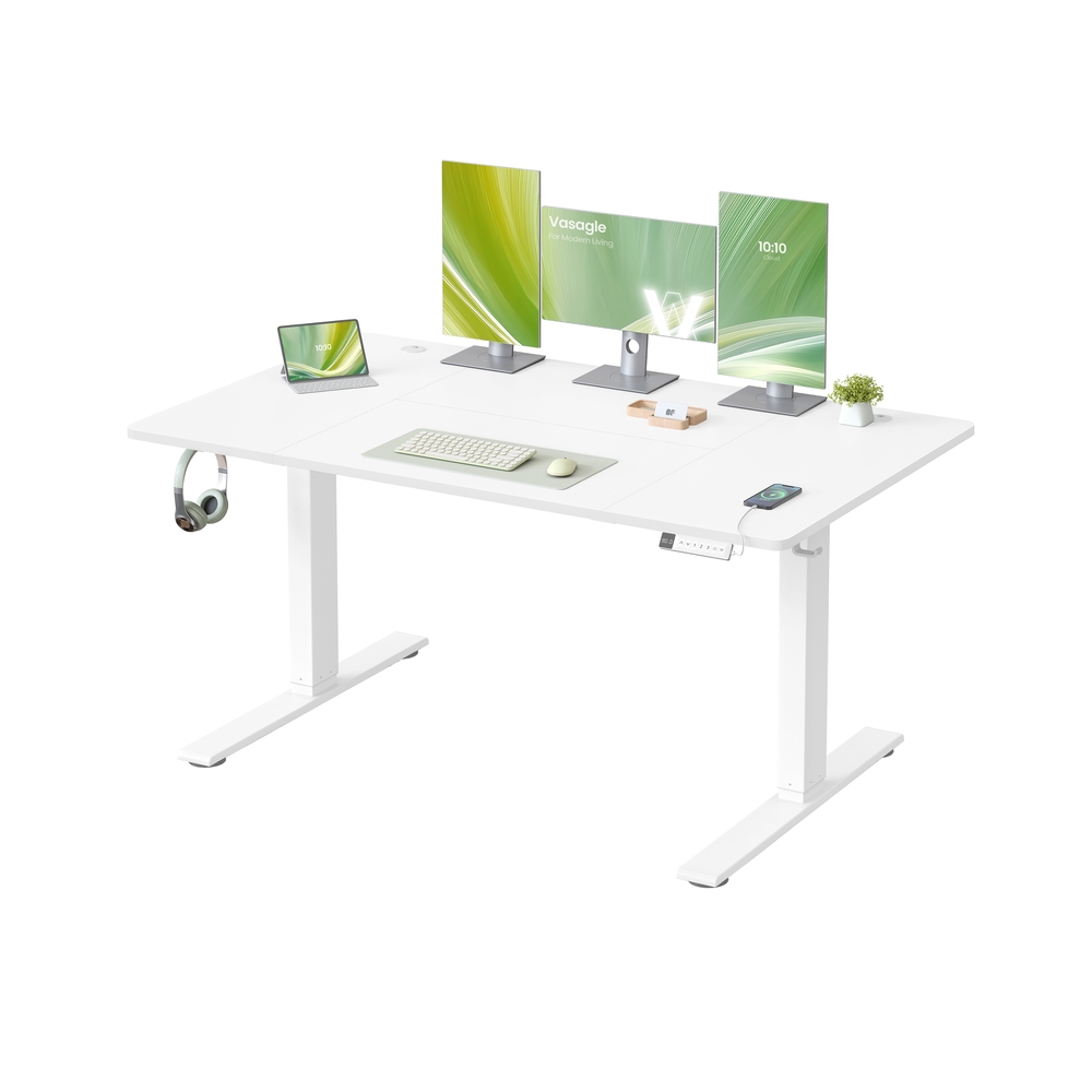 Reguliuojamo aukščio rašomasis stalas, 140 x 80 cm, matinis baltas, su USB-C