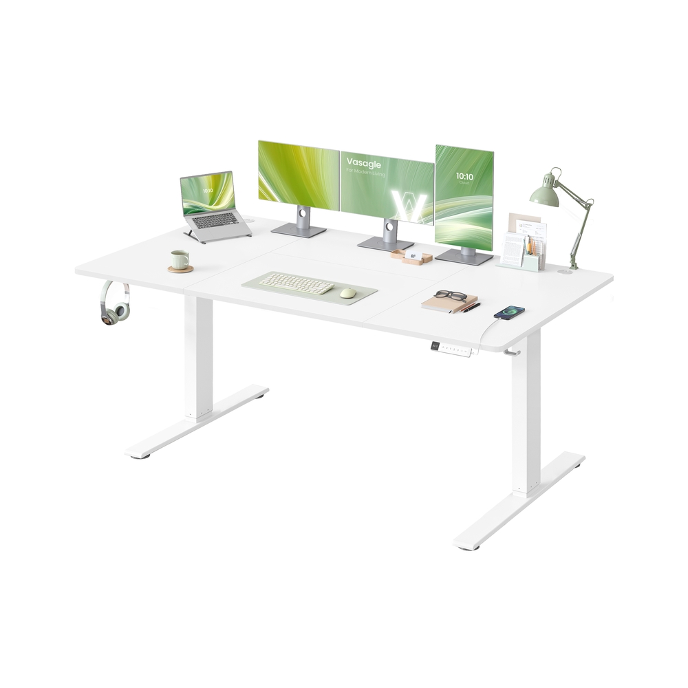 Reguliuojamo aukščio rašomasis stalas, 180 x 80 cm, USB-C, 3 atminties mygtukai, matinė balta