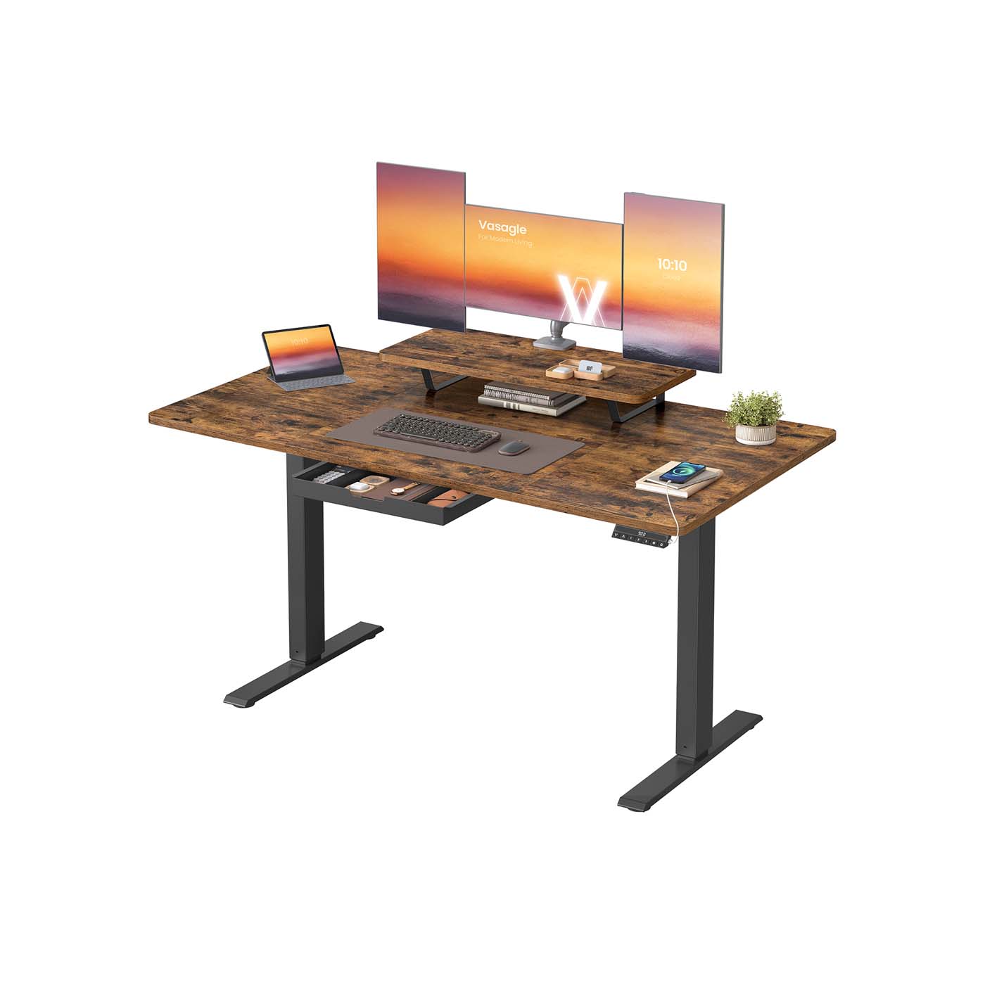 Reguliuojamo aukščio rašomasis stalas 140 x 70 cm, su monitoriaus stovu, stalčiumi ir USB-C, rudas