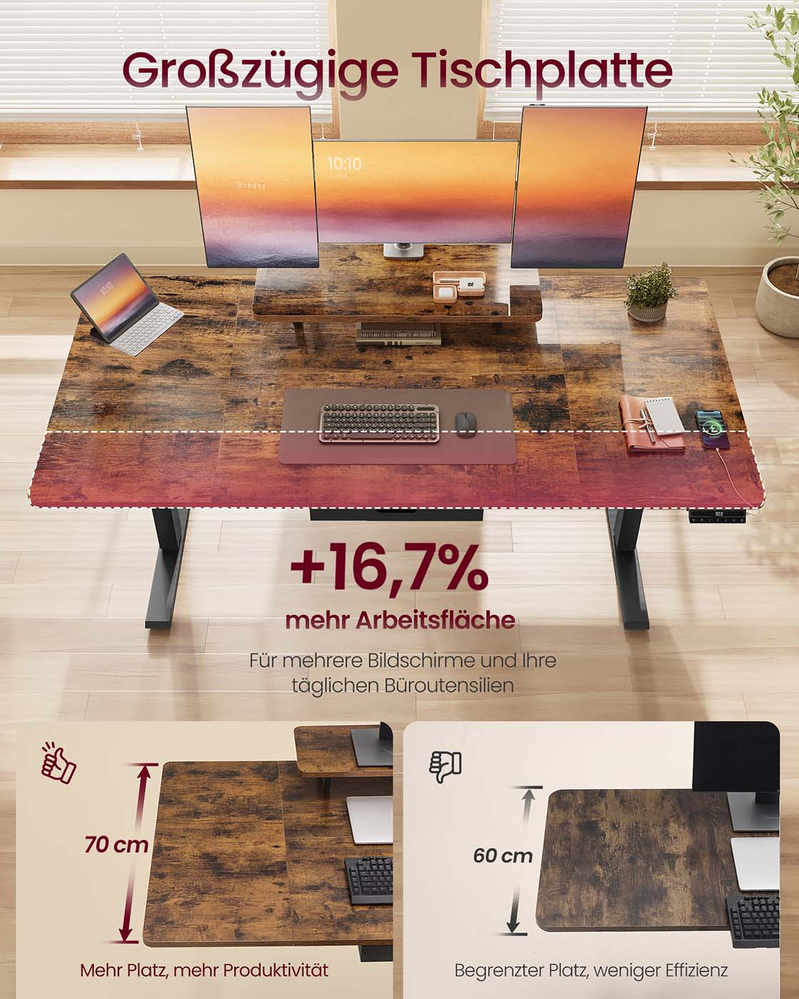 Reguliuojamo aukščio rašomasis stalas 140 x 70 cm, su monitoriaus stovu, stalčiumi ir USB-C, rudas - Image 3