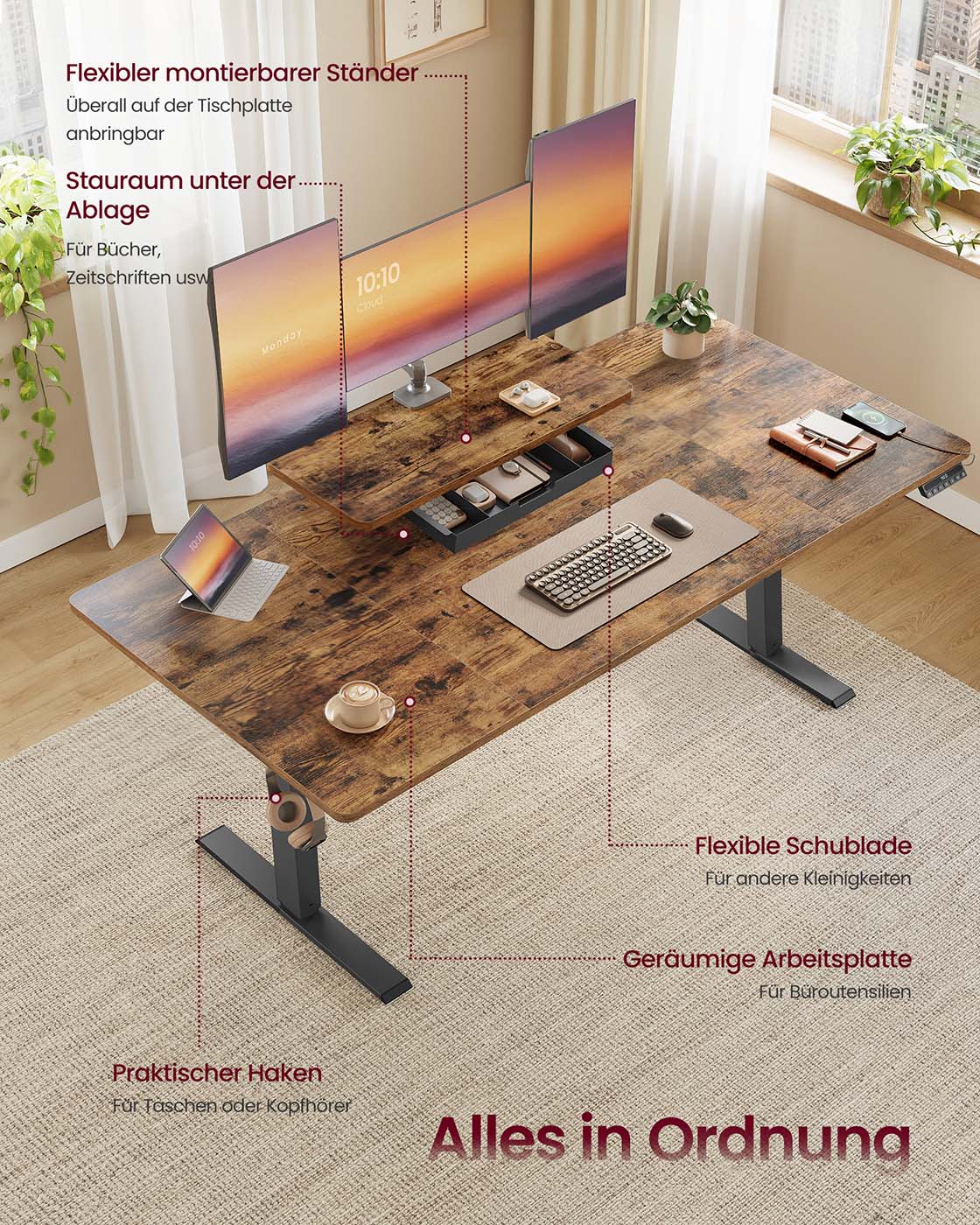 Reguliuojamo aukščio rašomasis stalas 140 x 70 cm, su monitoriaus stovu, stalčiumi ir USB-C, rudas - Image 4