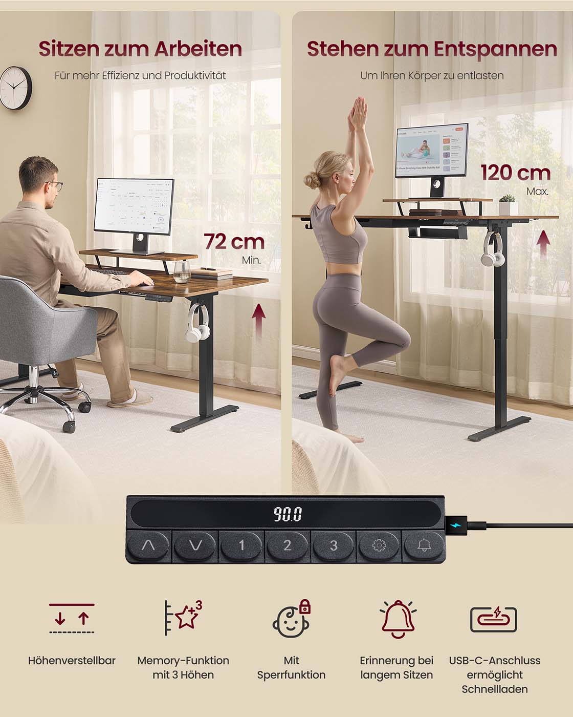 Reguliuojamo aukščio rašomasis stalas 140 x 70 cm, su monitoriaus stovu, stalčiumi ir USB-C, rudas - Image 5