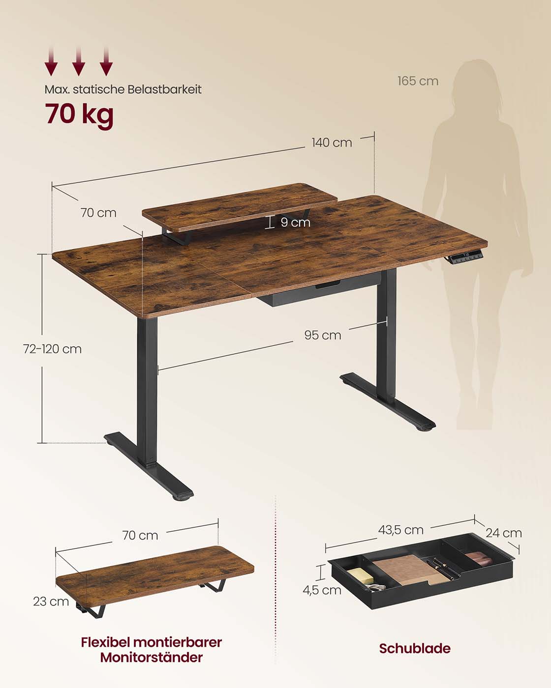 Reguliuojamo aukščio rašomasis stalas 140 x 70 cm, su monitoriaus stovu, stalčiumi ir USB-C, rudas - Image 7