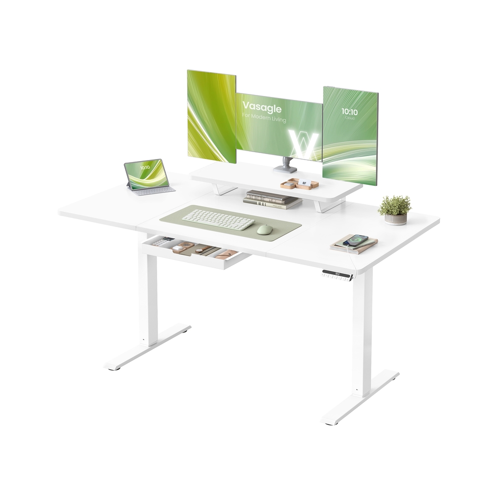 Reguliuojamo aukščio darbo stalas 140 x 70 cm su monitoriaus stovu, stalčiumi ir USB-C, baltas