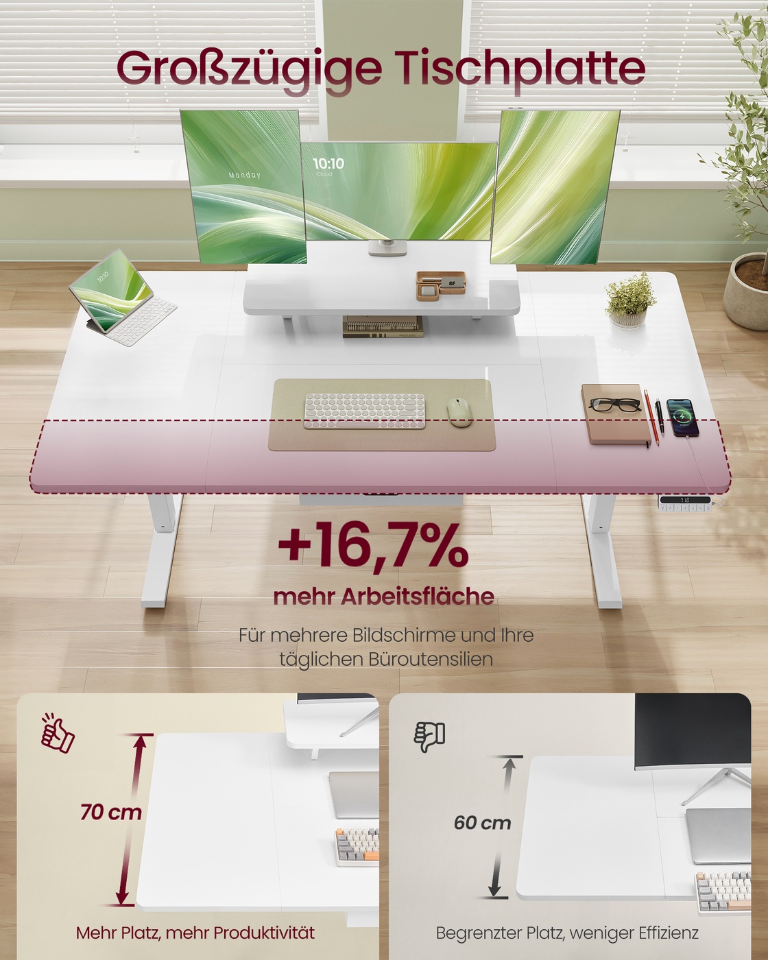 Reguliuojamo aukščio darbo stalas 140 x 70 cm su monitoriaus stovu, stalčiumi ir USB-C, baltas - Image 3