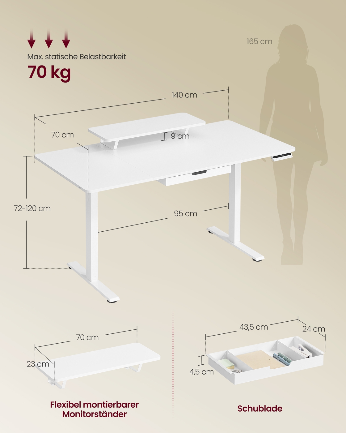 Reguliuojamo aukščio darbo stalas 140 x 70 cm su monitoriaus stovu, stalčiumi ir USB-C, baltas - Image 7