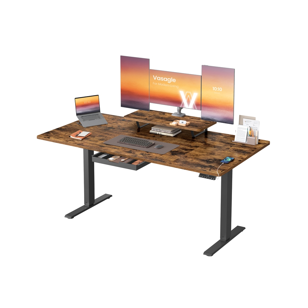 Reguliuojamo aukščio rašomasis stalas 160 x 80 cm su monitoriaus lentyna, stalčiumi ir USB-C