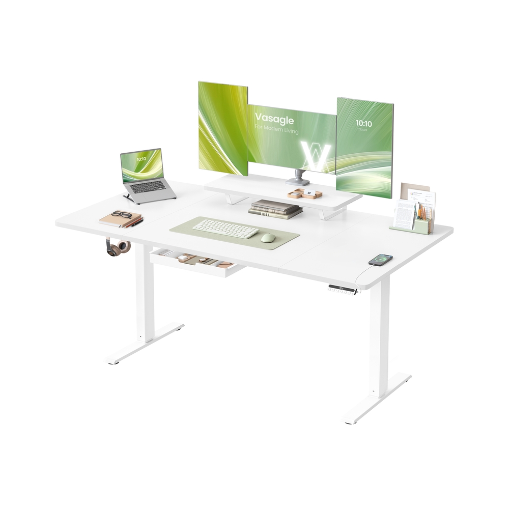 Reguliuojamo aukščio rašomasis stalas su monitoriaus lentyna, USB-C, 160x80 cm, baltas