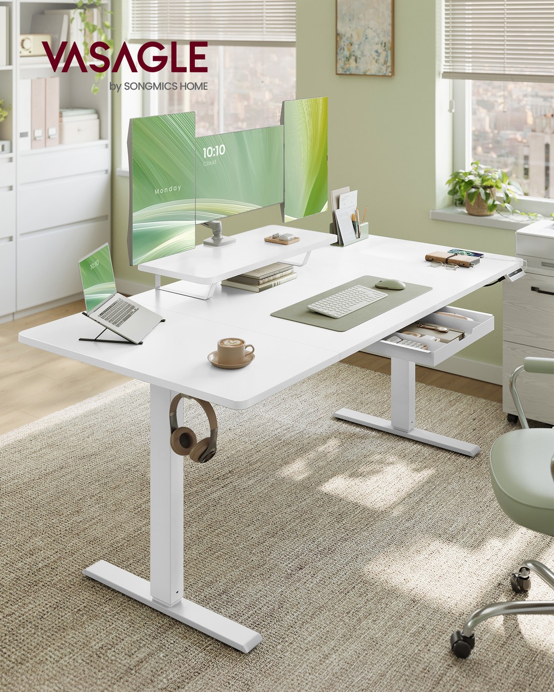 Reguliuojamo aukščio rašomasis stalas su monitoriaus lentyna, USB-C, 160x80 cm, baltas - Image 2