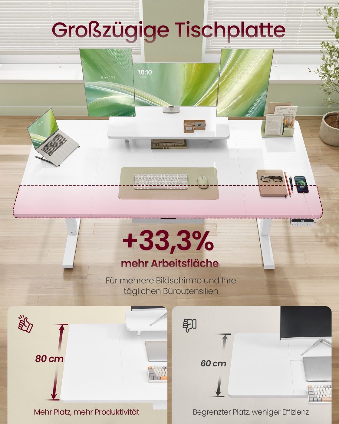 Reguliuojamo aukščio rašomasis stalas su monitoriaus lentyna, USB-C, 160x80 cm, baltas - Image 3