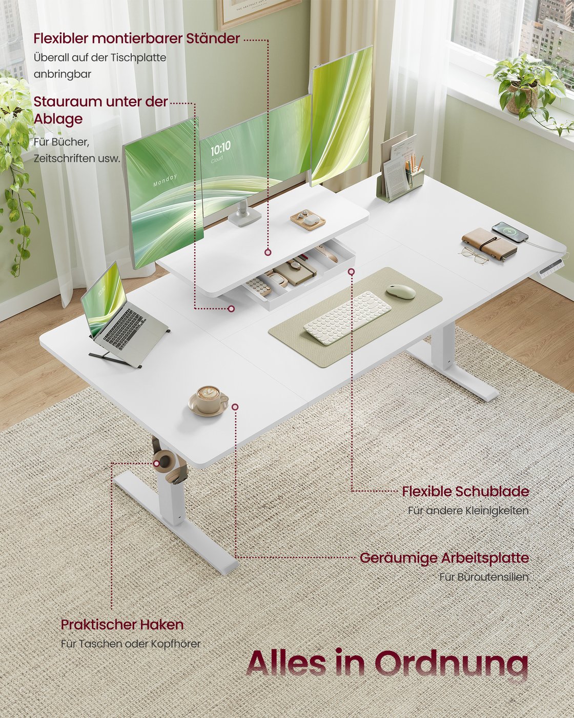 Reguliuojamo aukščio rašomasis stalas su monitoriaus lentyna, USB-C, 160x80 cm, baltas - Image 4