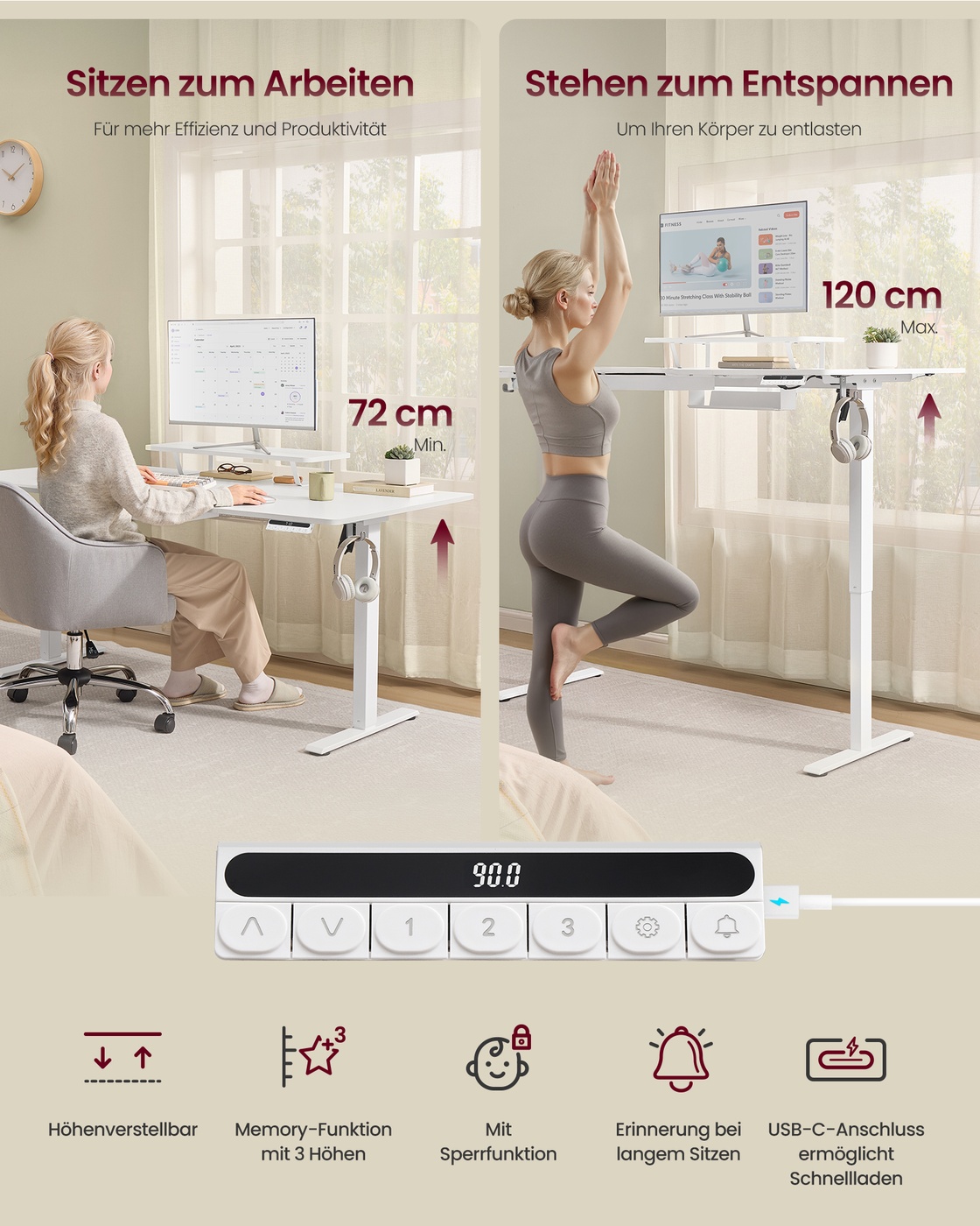 Reguliuojamo aukščio rašomasis stalas su monitoriaus lentyna, USB-C, 160x80 cm, baltas - Image 5