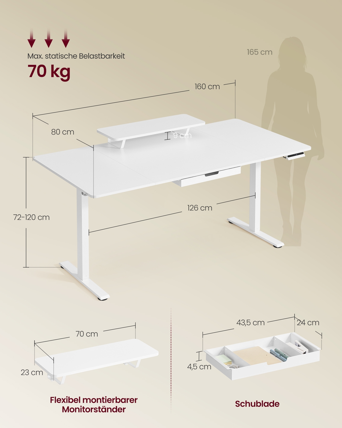 Reguliuojamo aukščio rašomasis stalas su monitoriaus lentyna, USB-C, 160x80 cm, baltas - Image 7