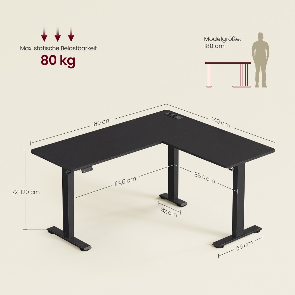 Regulējama augstuma L veida rakstāmgalds, 160 x 140 cm, ar rozetēm, melns - Image 3