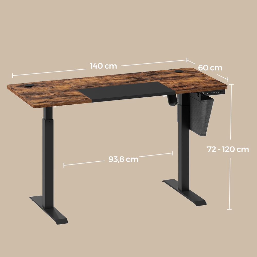 Sähköinen korkeussäädettävä työpöytä, 140 x 60 x 72-120 cm, ruskea-musta - Image 3