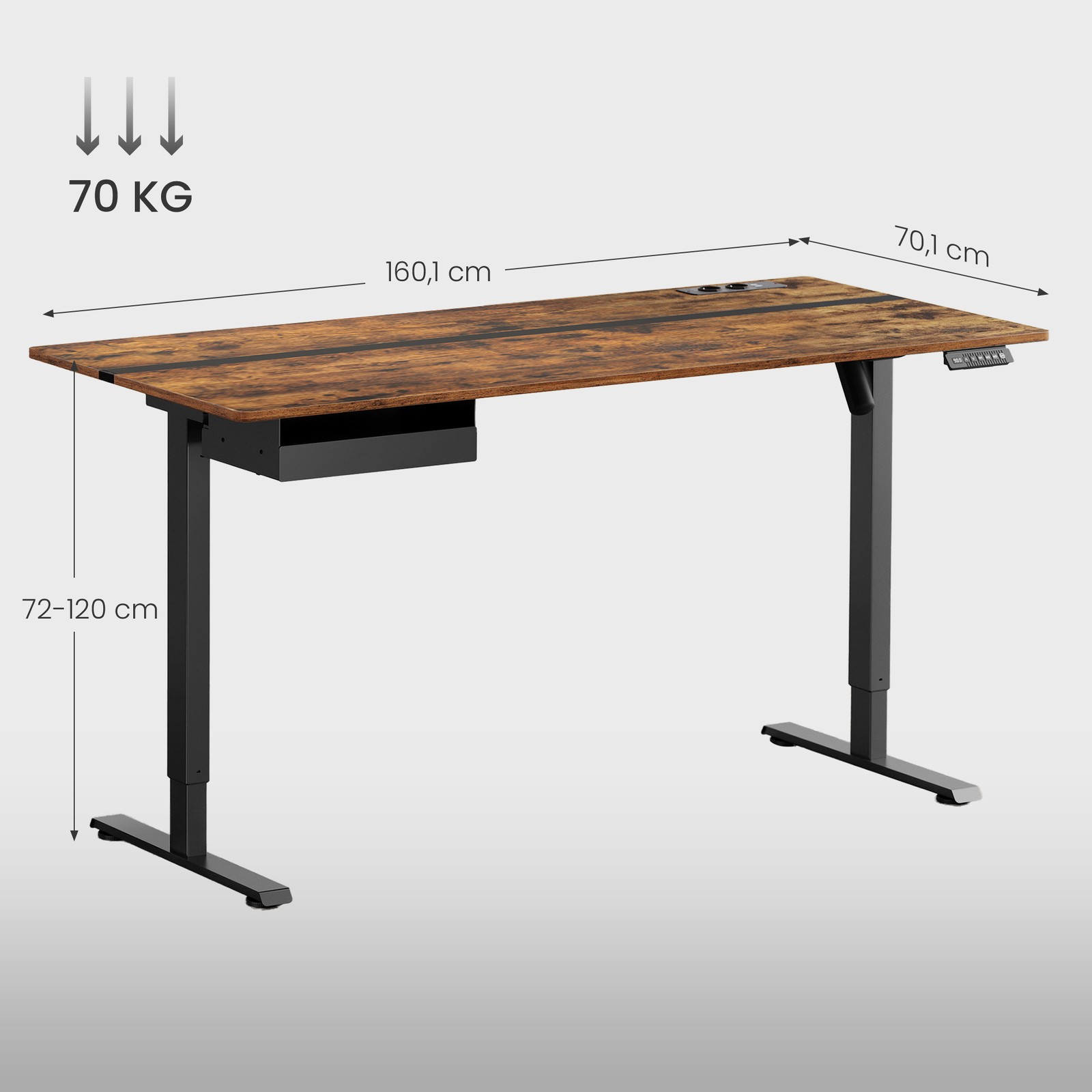 Reguliuojamo aukščio rašomasis stalas, rudas, 160,1 x 70,1 cm, su stalčiumi ir lizdu