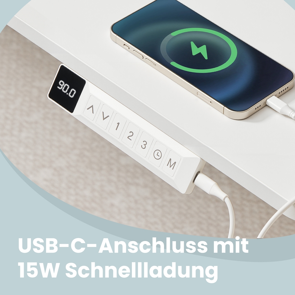 Elektra reguliuojamo aukščio rašomasis stalas, 180 x 80 cm, baltas, su USB-C jungtimi - Image 7