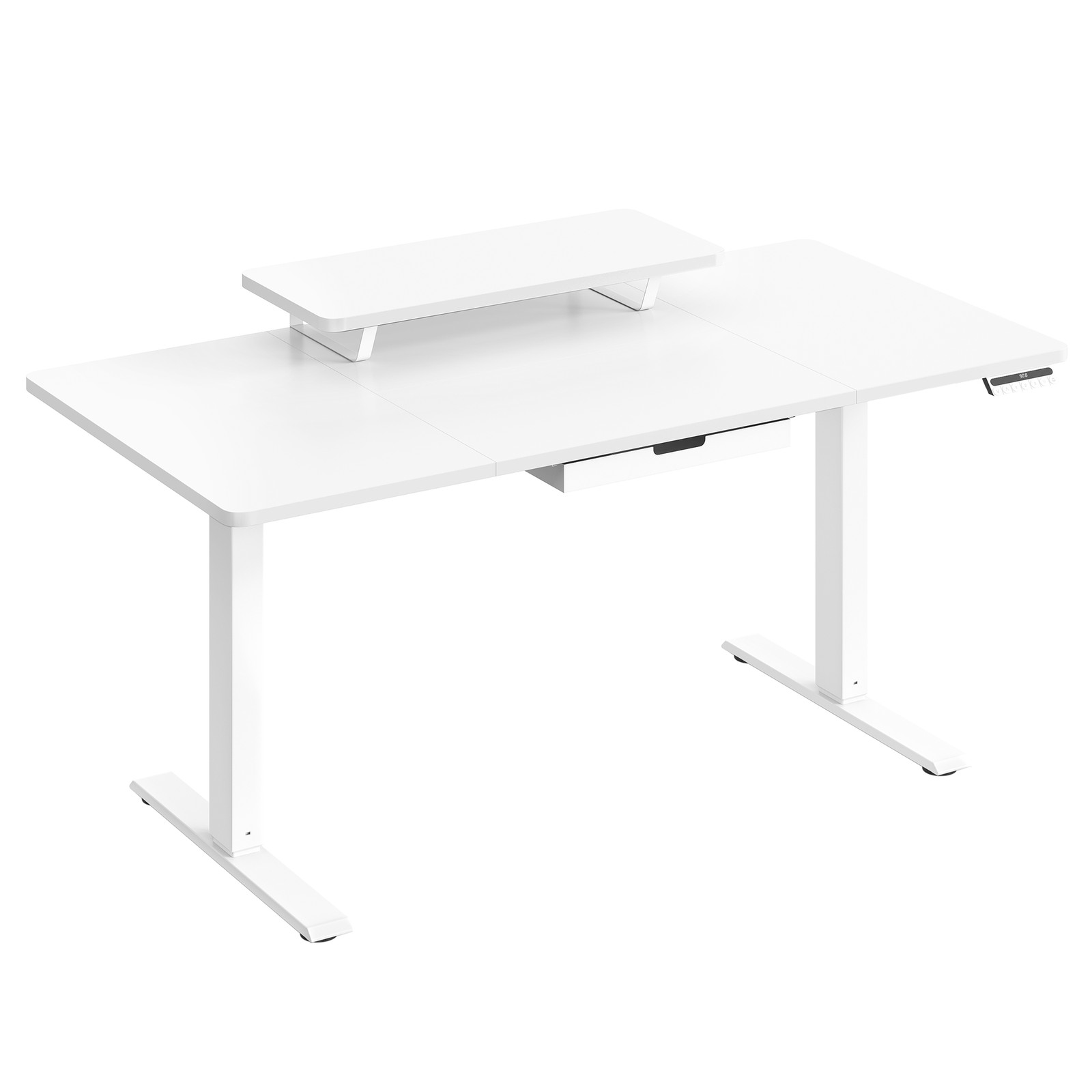 Reguliuojamo aukščio rašomasis stalas 140 x 70 cm, su monitoriaus stovu, stalčiumi, baltas
