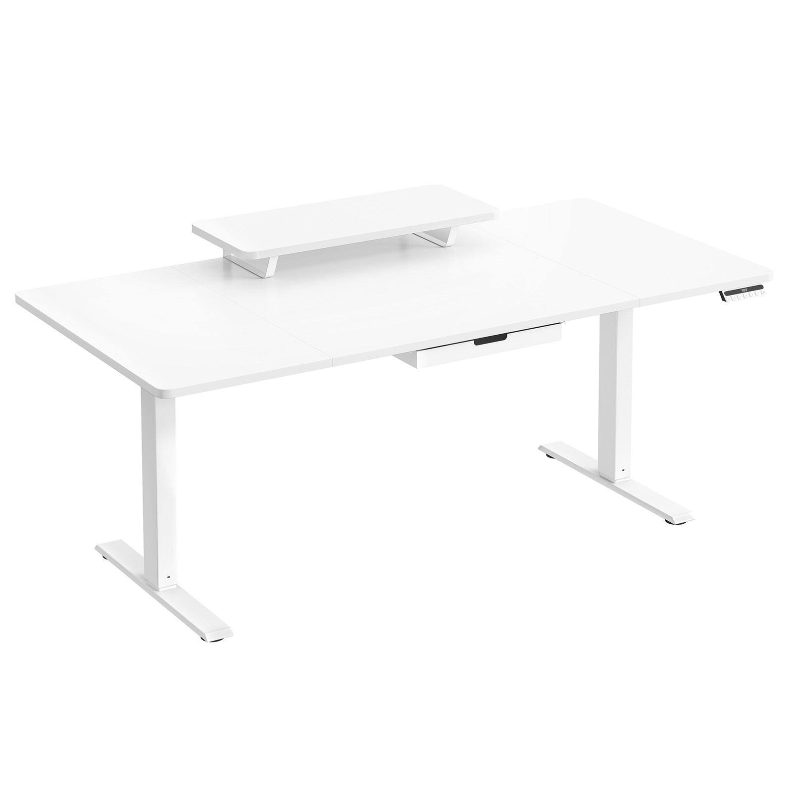 Reguleeritava kõrgusega kirjutuslaud 160 x 80 cm, valge, monitorialuse ja sahtliga