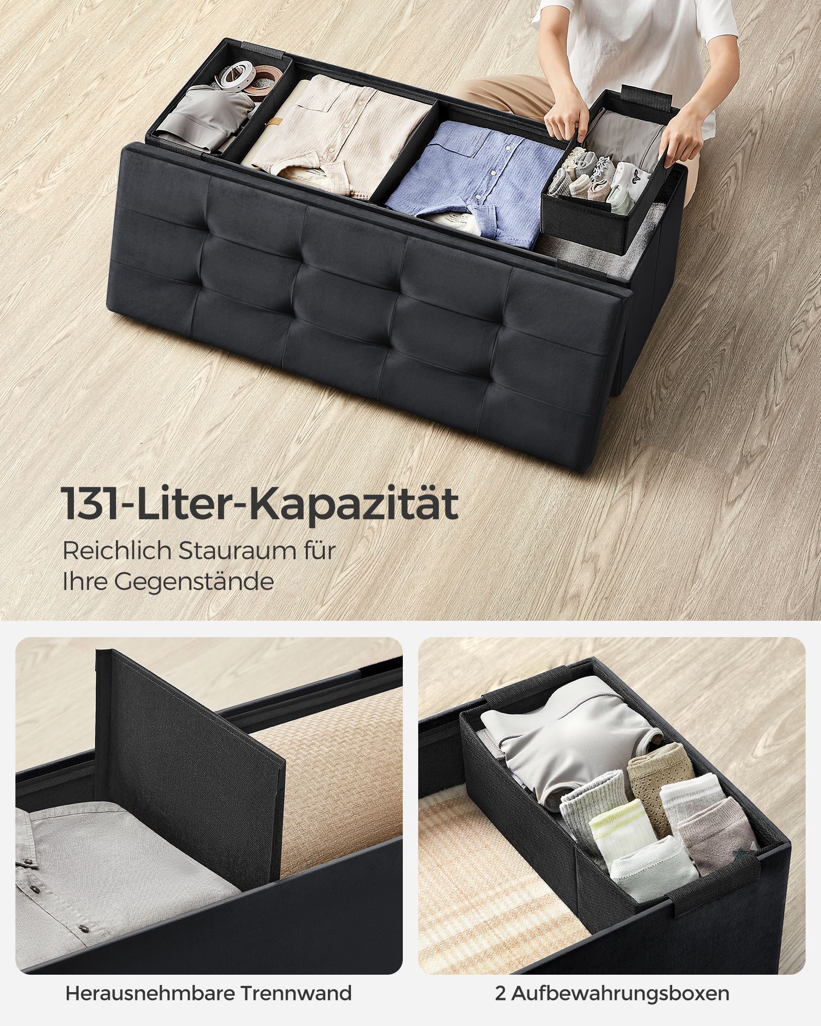 Daiktadėžė-suoliukas iš aksomo, juoda, 110 x 38 x 38 cm, 131 l, su 2 dėžėmis - Image 4