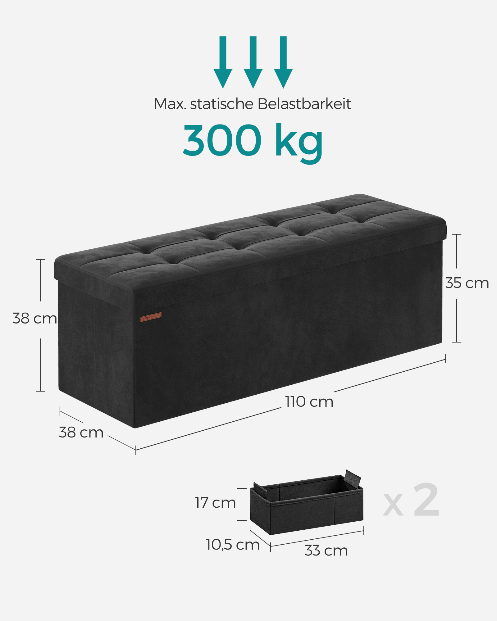 Daiktadėžė-suoliukas iš aksomo, juoda, 110 x 38 x 38 cm, 131 l, su 2 dėžėmis - Image 5