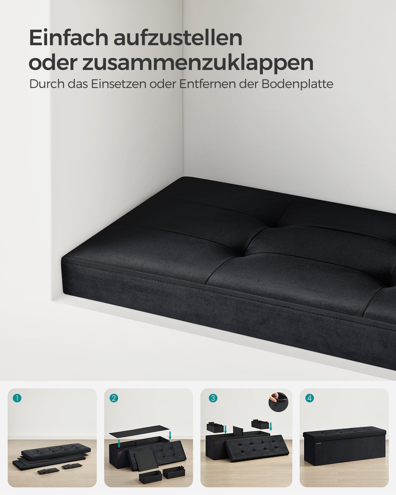 Daiktadėžė-suoliukas iš aksomo, juoda, 110 x 38 x 38 cm, 131 l, su 2 dėžėmis - Image 6