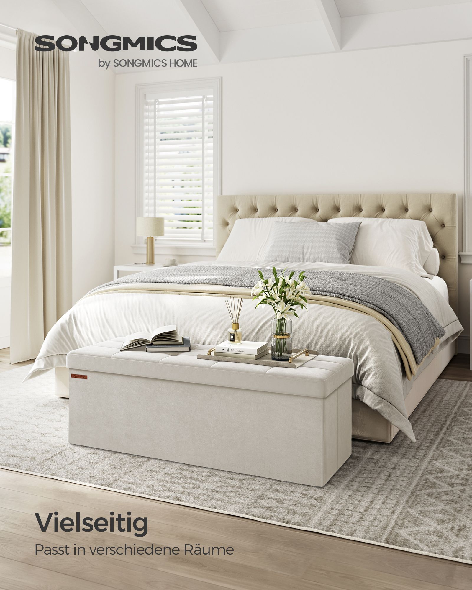 Daiktadėžės suolas iš aksomo, kreminės baltos spalvos, 38 x 110 x 38 cm, 131 l - Image 2