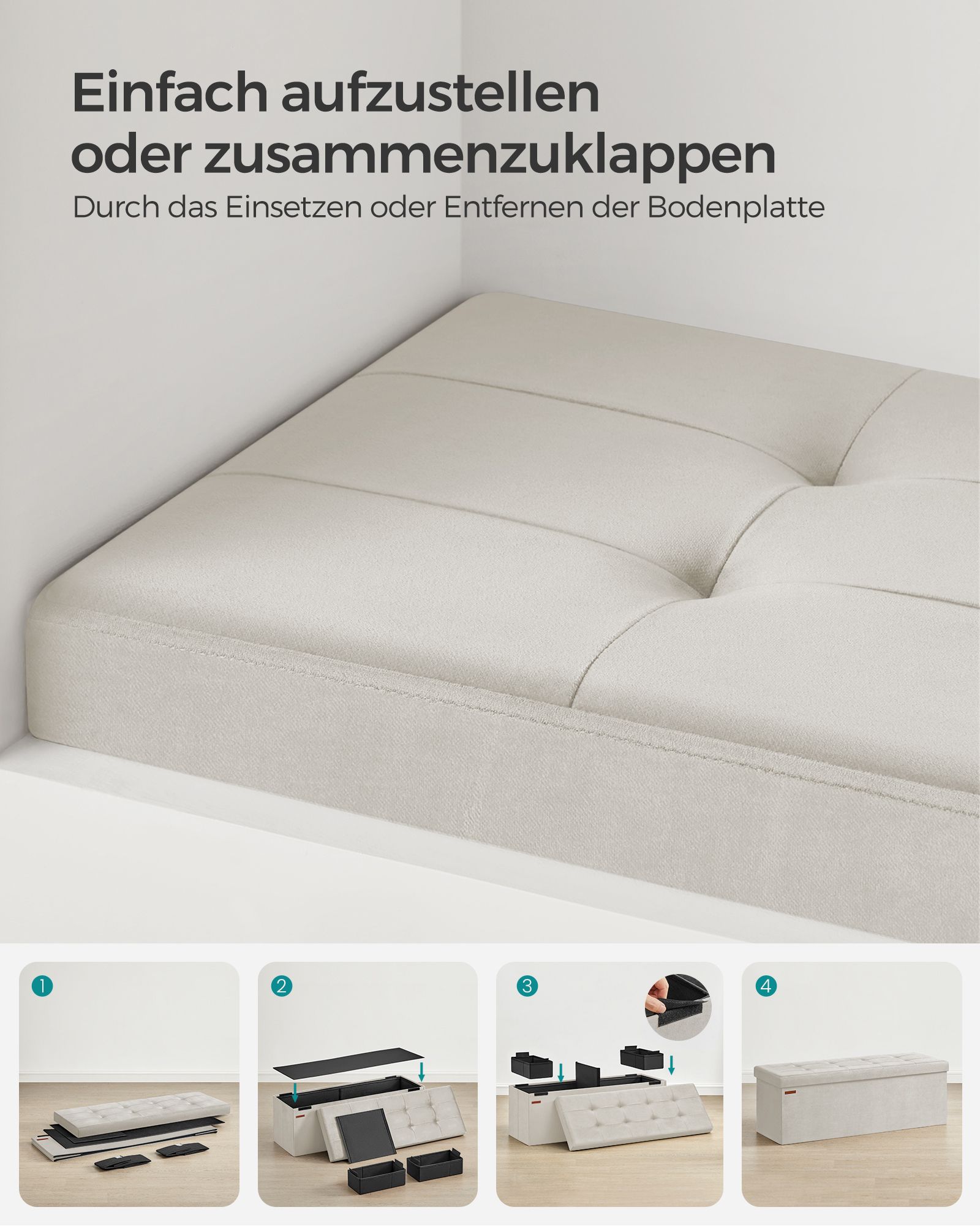 Daiktadėžės suolas iš aksomo, kreminės baltos spalvos, 38 x 110 x 38 cm, 131 l - Image 6