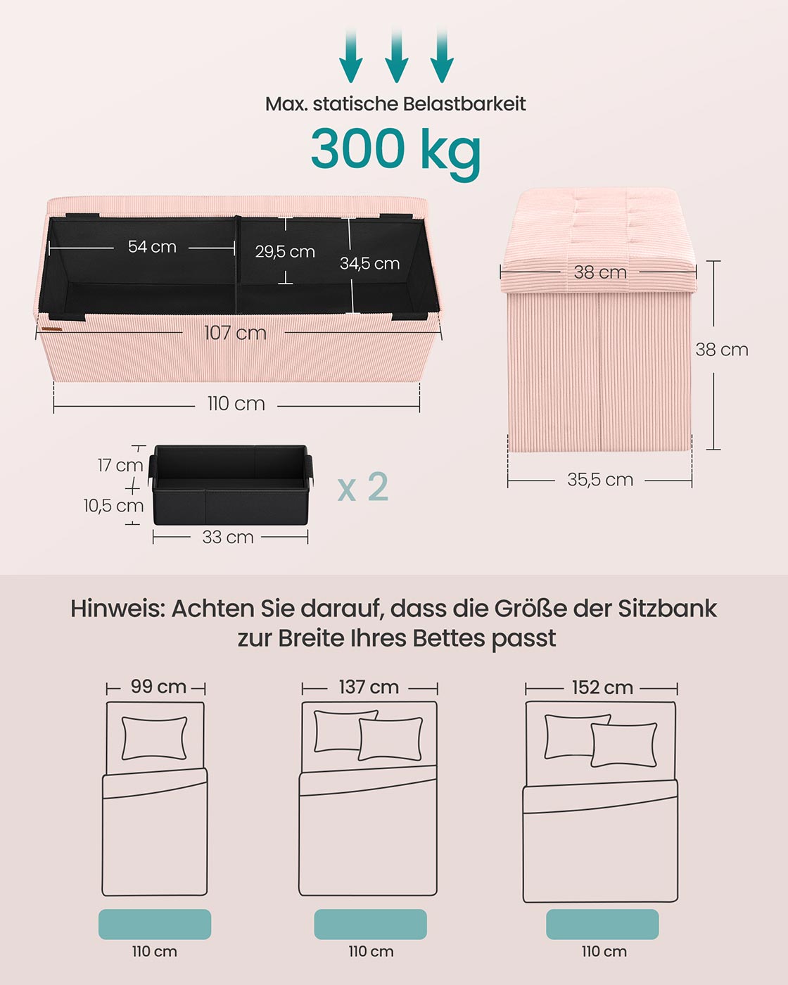 Säilytyspenkki, pastellinvaaleanpunainen, 38 x 110 x 38 cm, 131 l, enintään 300 kg - Image 6
