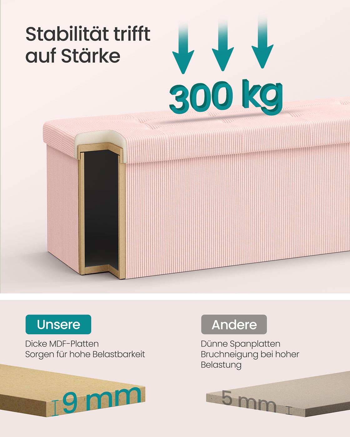Säilytyspenkki, pastellinvaaleanpunainen, 38 x 110 x 38 cm, 131 l, enintään 300 kg - Image 4