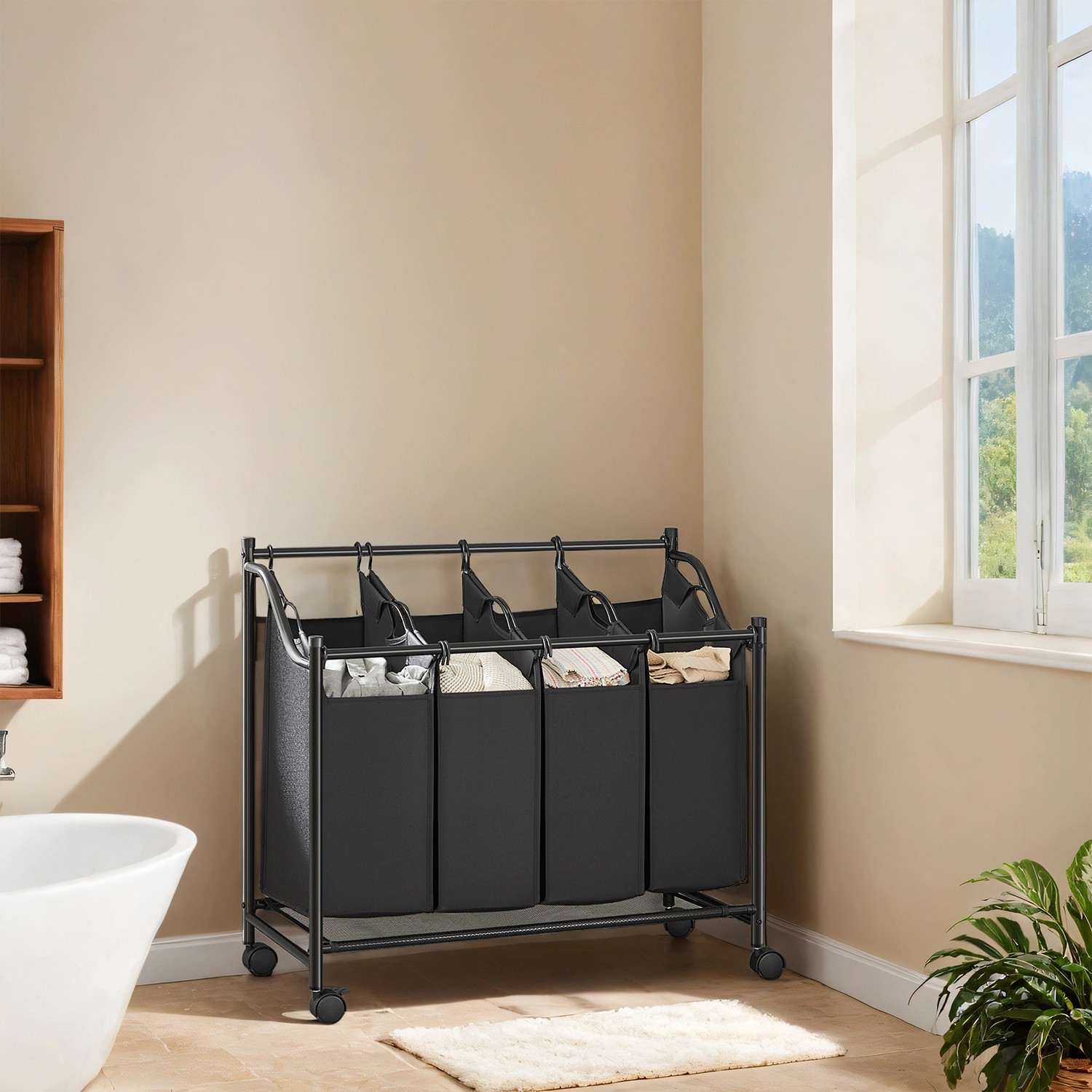 Veļas šķirošanas grozs ar riteņiem, 4 x 35 l, melns, 87,5 x 38,5 x 67/81 cm