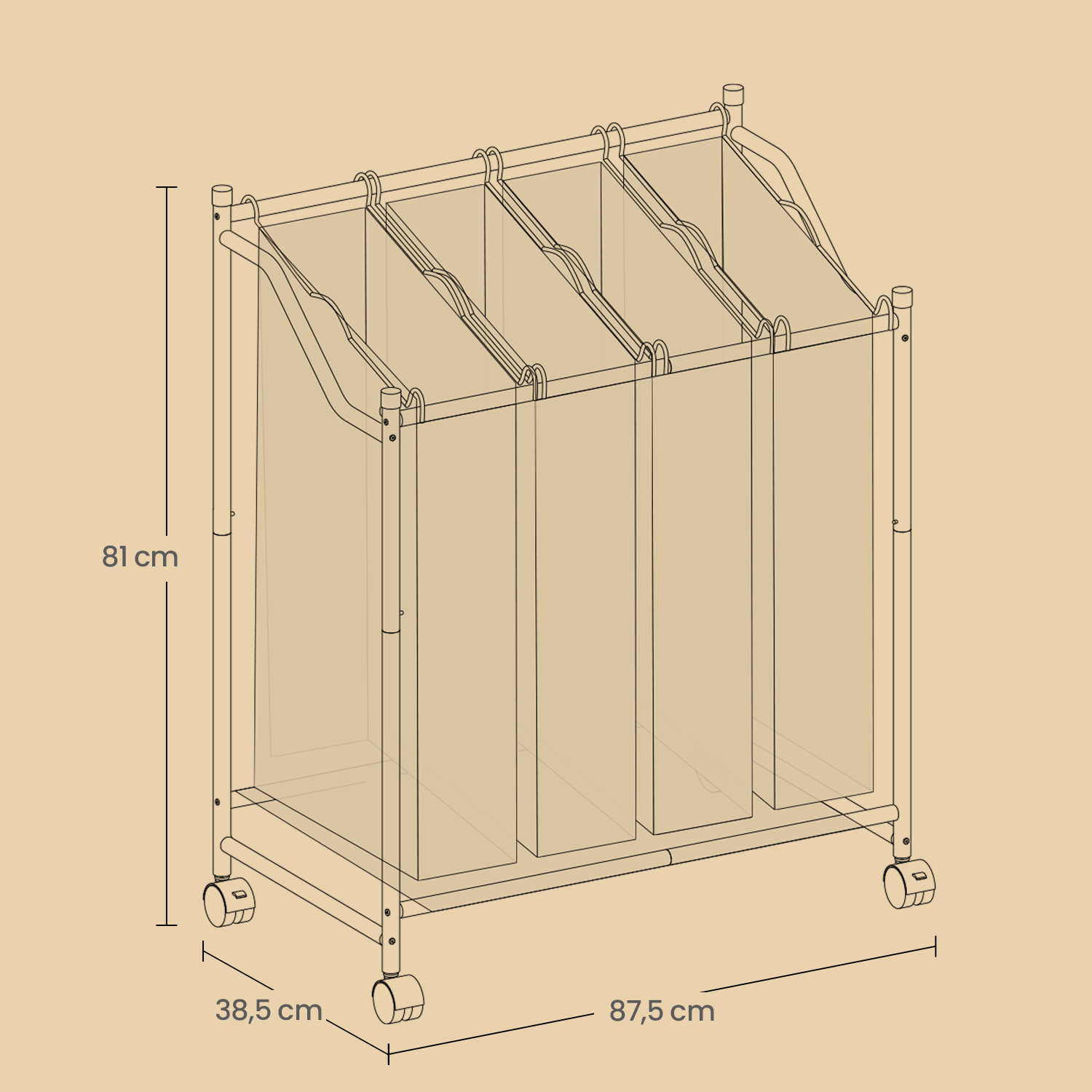 Veļas šķirošanas grozs ar riteņiem, 4 x 35 l, melns, 87,5 x 38,5 x 67/81 cm - Image 6
