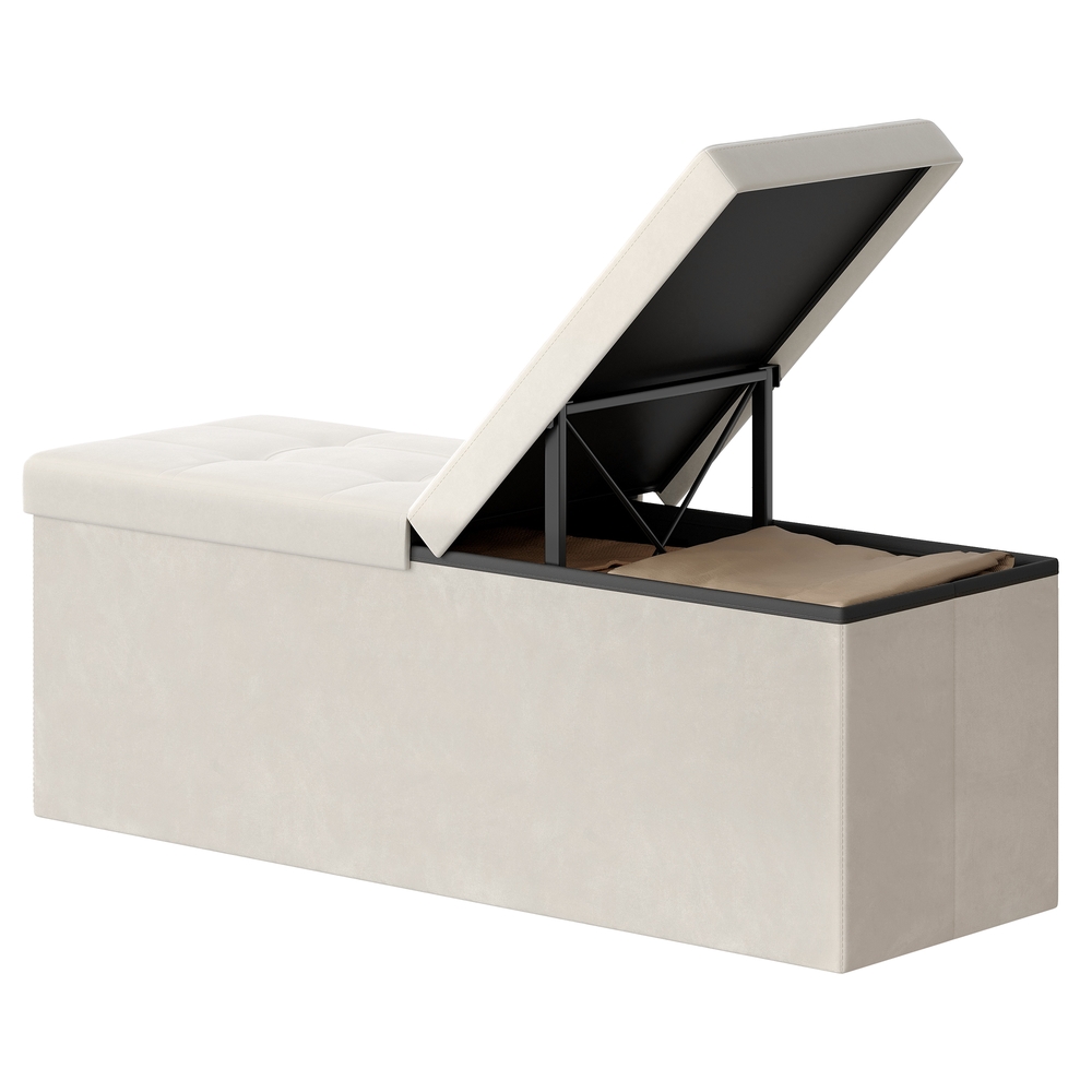 Daiktadėžė-suoliukas su dangčiu, balta, MDF, aksomas, 38 x 110 x 38 cm, iki 300 kg - Image 2