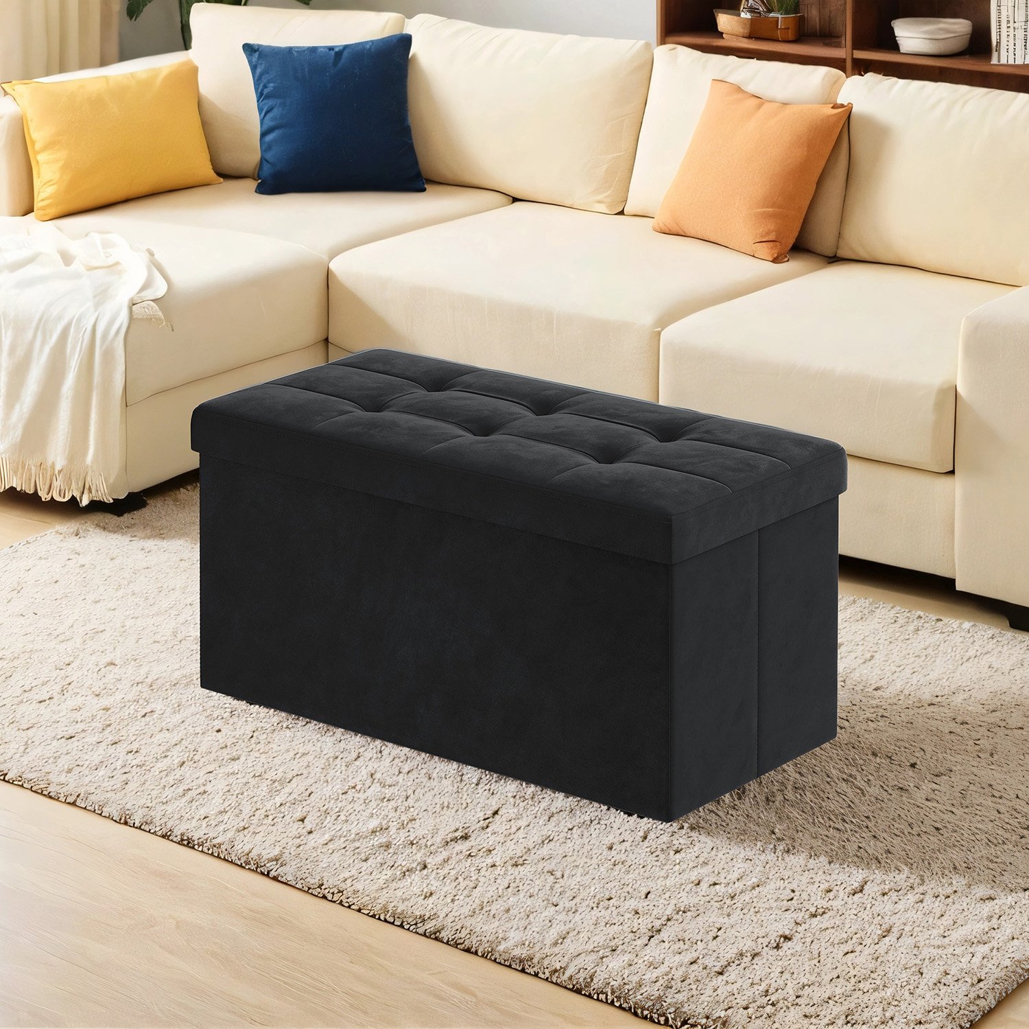 Säilytysrahi sametista, 38 x 76 x 38 cm, musta, taitettava, 89 l