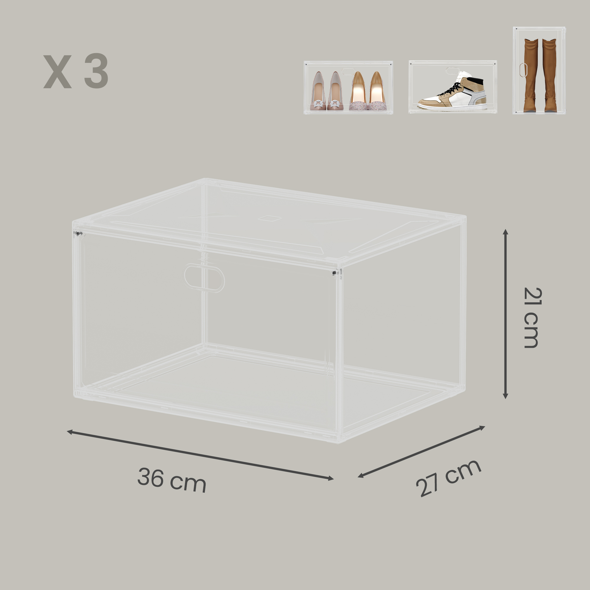 Batų dėžės, 3 vnt. rinkinys, skaidrios, iš PET plastiko, 36 x 27 x 21 cm - Image 3
