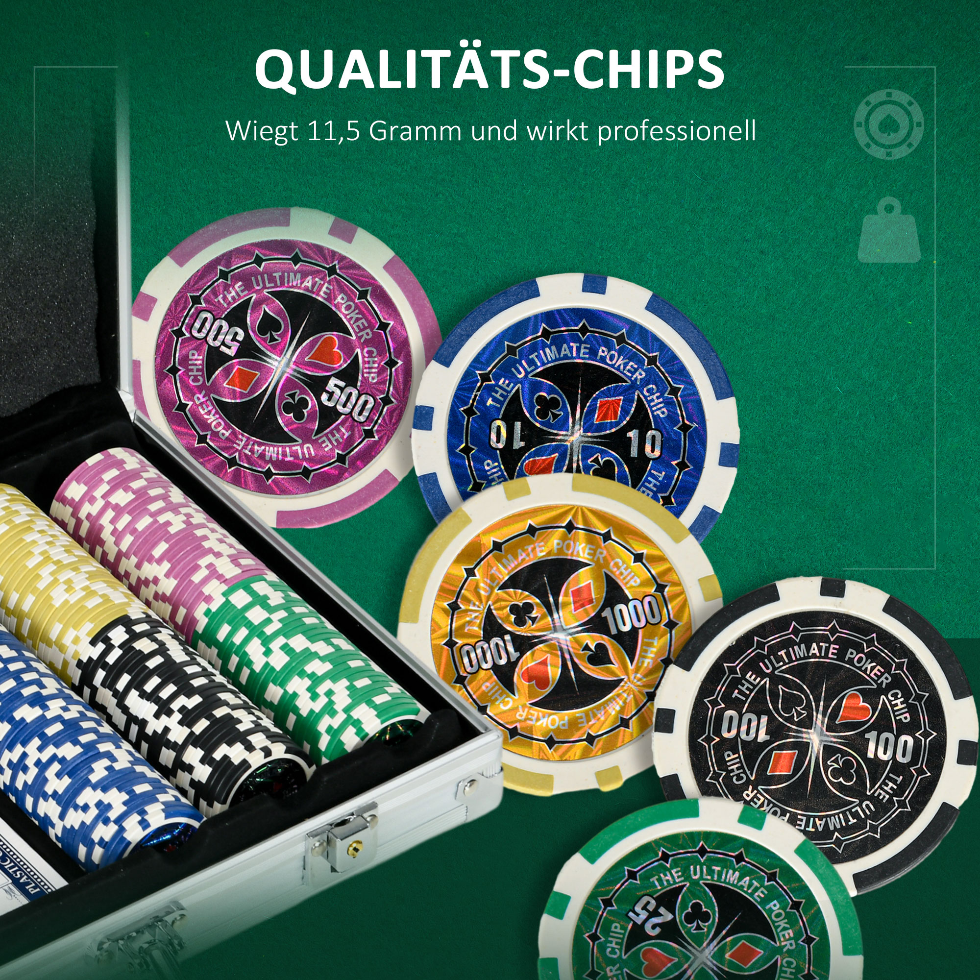 Pokerisetti 300 pelimerkkiä, 2 korttipakkaa, 5 noppaa, hopea - Image 5