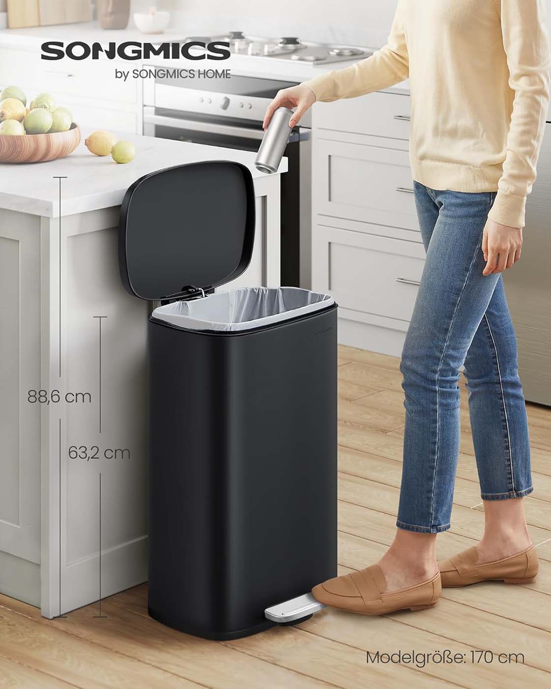 Pedalinis virtuvės šiukšlių kibiras, 50 l, plienas ir plastikas, juodas, 42,5 x 31,8 x 65,7 cm - Image 2