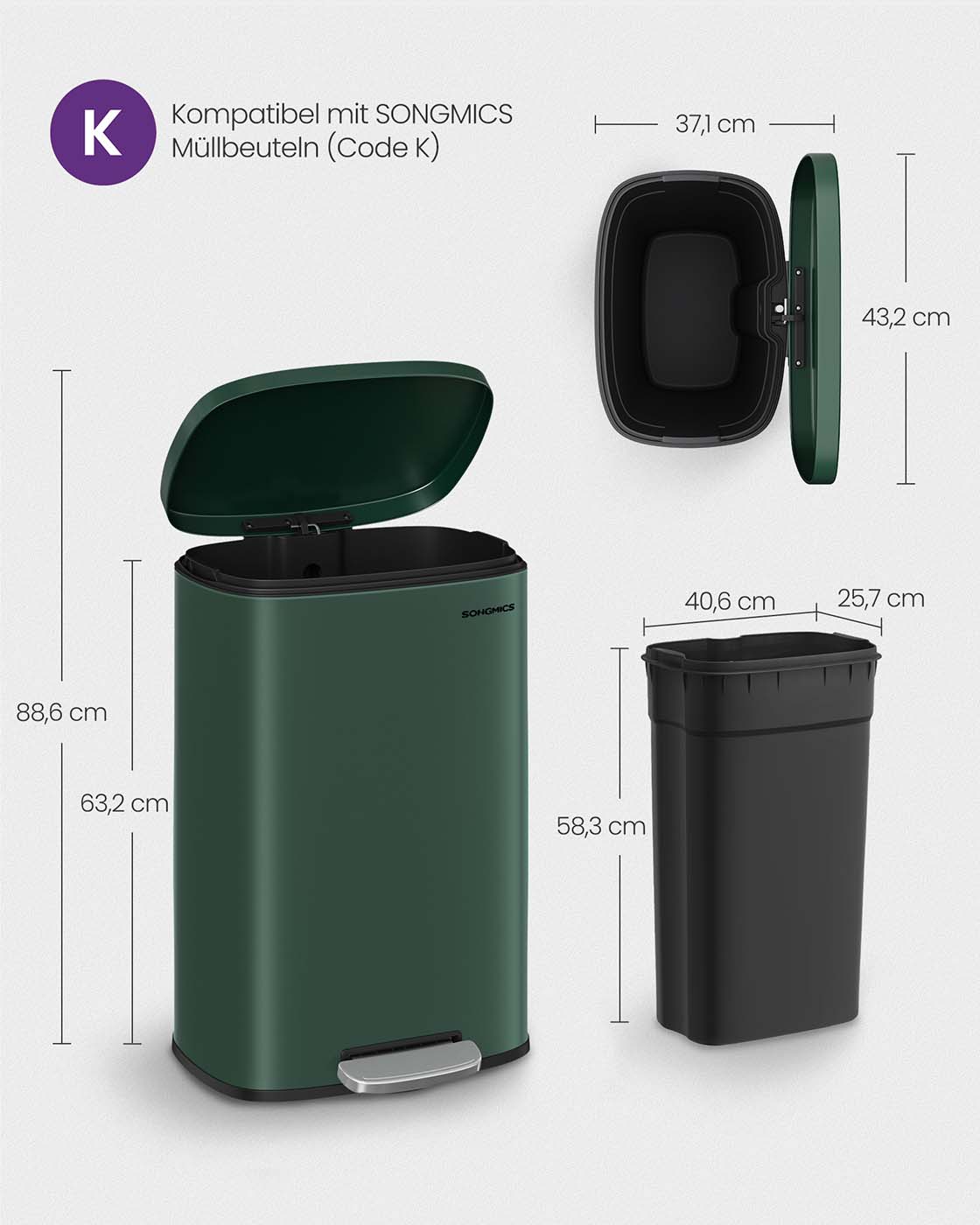Virtuves atkritumu tvertne 50 l, tērauda, ar plastmasas iekšējo spaini, vintage zaļa - Image 7