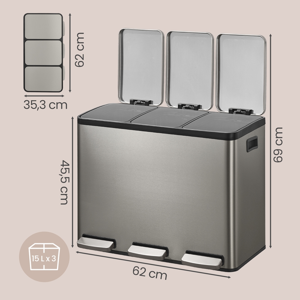 3 sektsiooniga prügikast, 3 x 15 l, roostevaba teras, hõbedane, 62 x 35,3 x 45,5 cm - Image 3