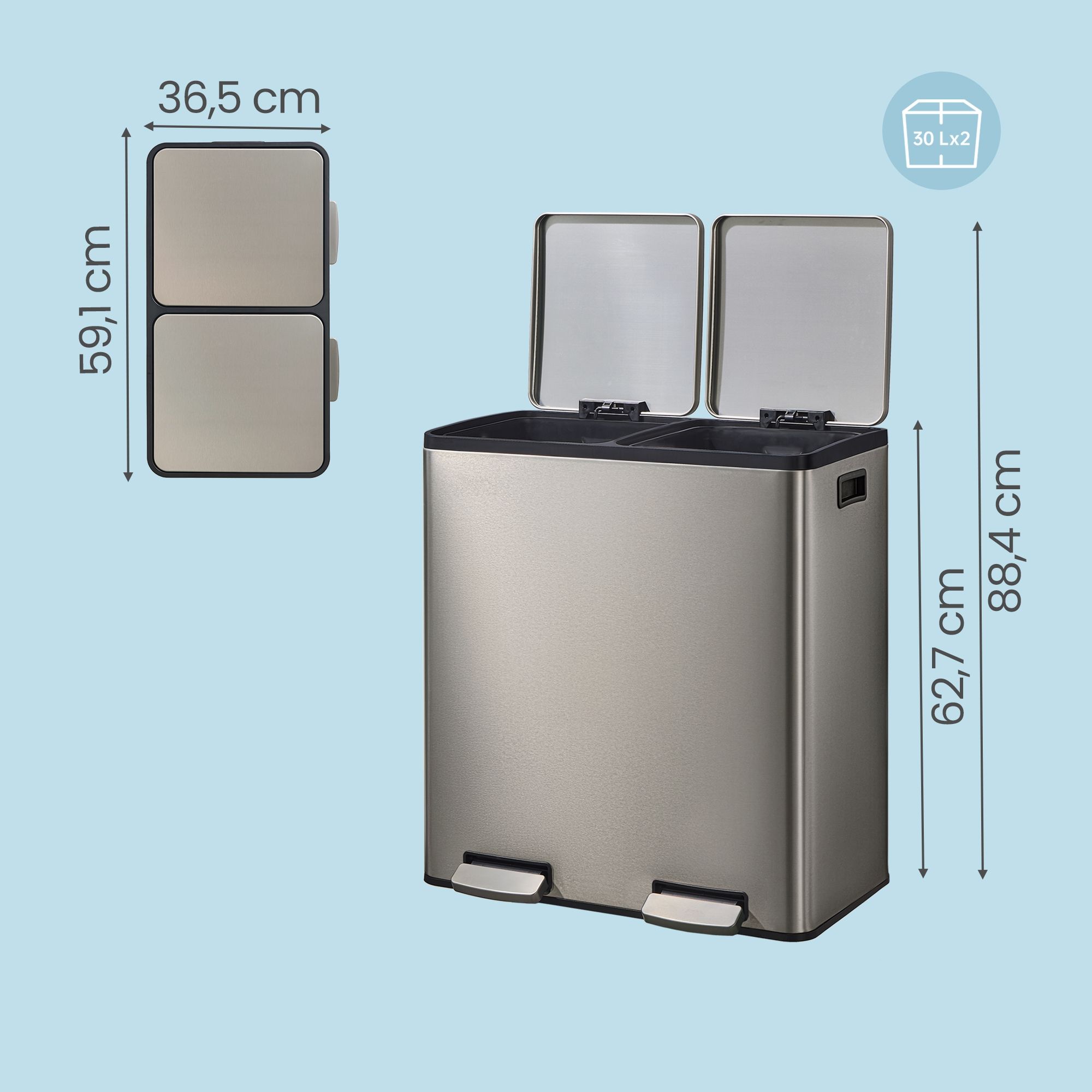Šiukšliadėžė su 2 skyriais, 2 x 30 l, pedalinis dangtis, soft-close, sidabrinė - Image 3