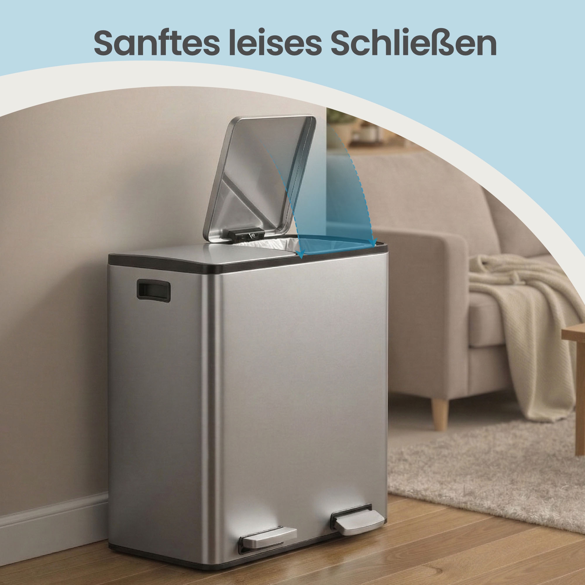 Šiukšliadėžė su 2 skyriais, 2 x 30 l, pedalinis dangtis, soft-close, sidabrinė - Image 6