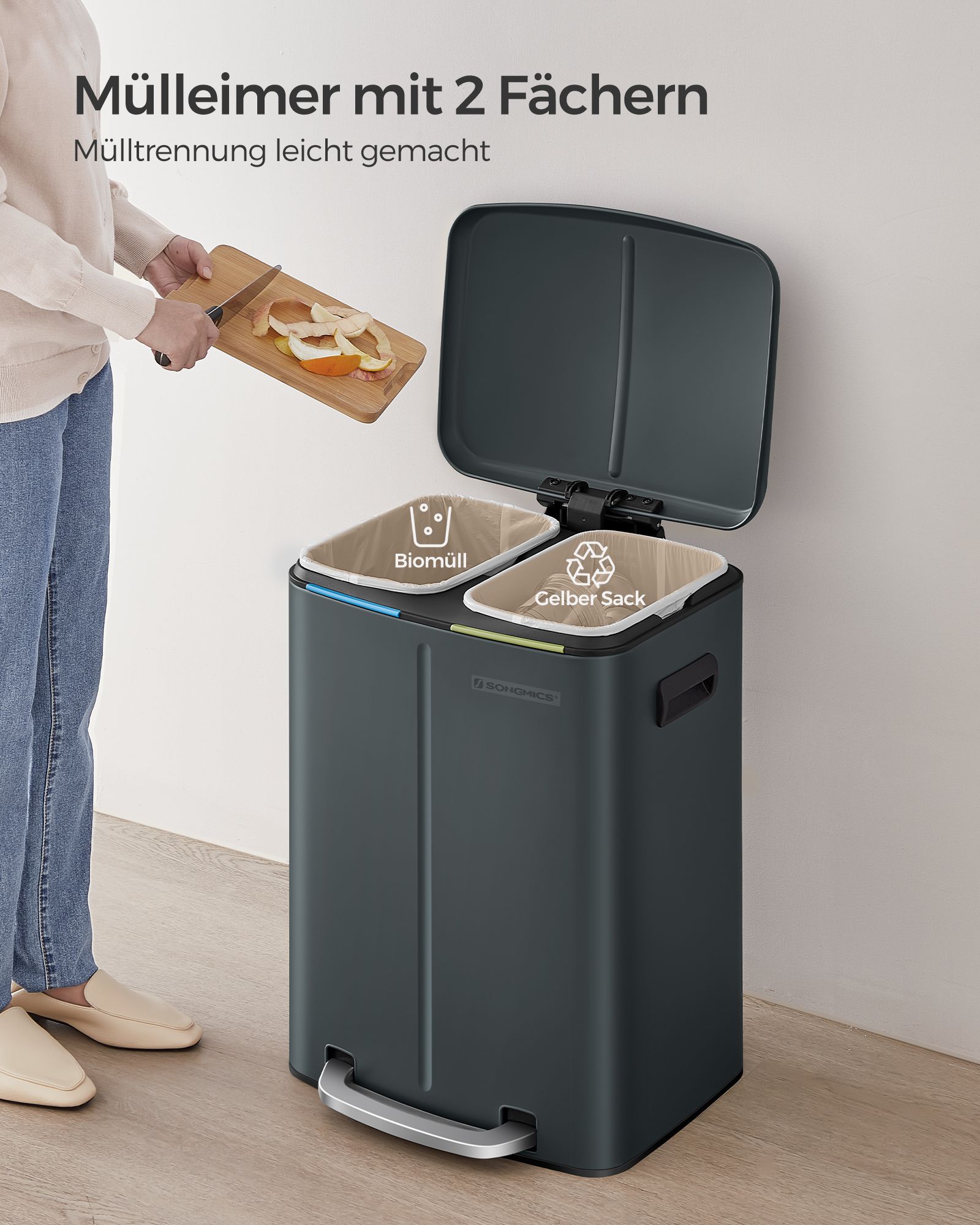 Virtuves atkritumu tvertne 40 l, 2 nodalījumi, 2 x 20 l, tērauda, zaļpelēka - Image 3