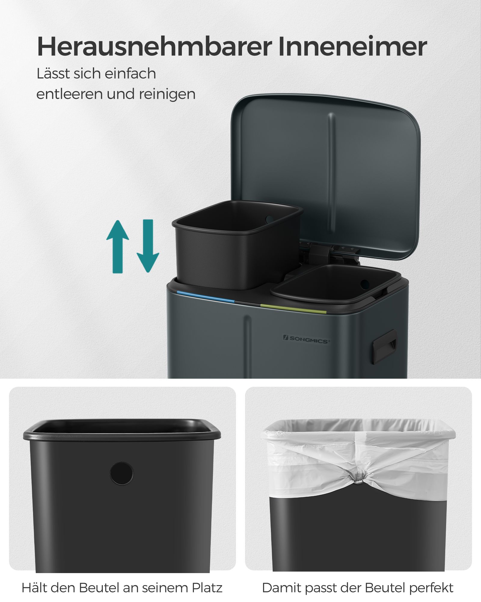 Virtuves atkritumu tvertne 40 l, 2 nodalījumi, 2 x 20 l, tērauda, zaļpelēka - Image 6
