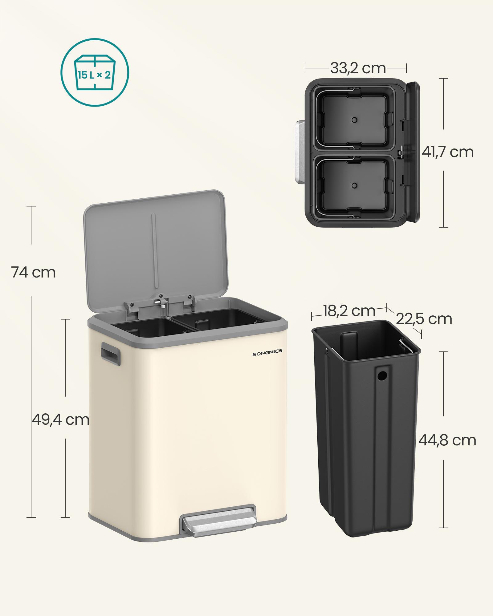 Atkritumu šķirošanas tvertne ar 2 nodalījumiem, 2 x 15 l, tērauda, smilškrāsas - Image 6