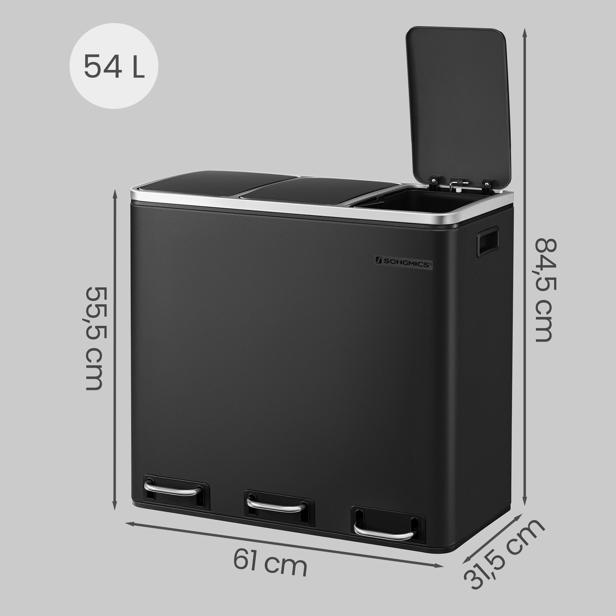 Virtuves atkritumu tvertne ar pedāli, 3 x 18 l, 3 nodalījumu šķirošanas sistēma, melna - Image 3