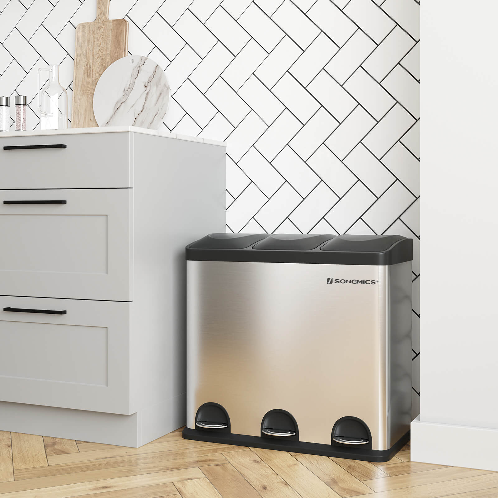 Atkritumu šķirošanas tvertne, 54 l, 3 x 18 l, nerūsējošais tērauds, sudraba krāsā - Image 3