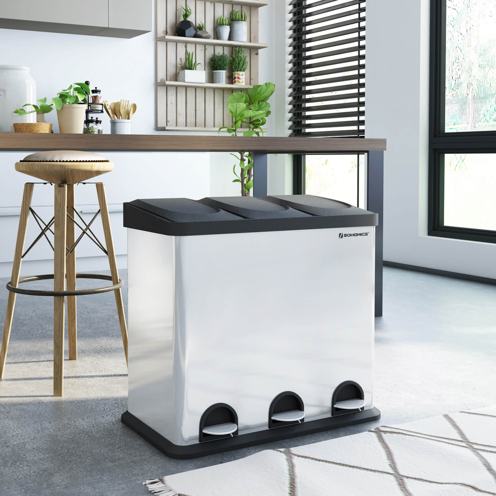 Atkritumu šķirošanas tvertne, 54 l, 3 x 18 l, nerūsējošais tērauds, sudraba krāsā - Image 4