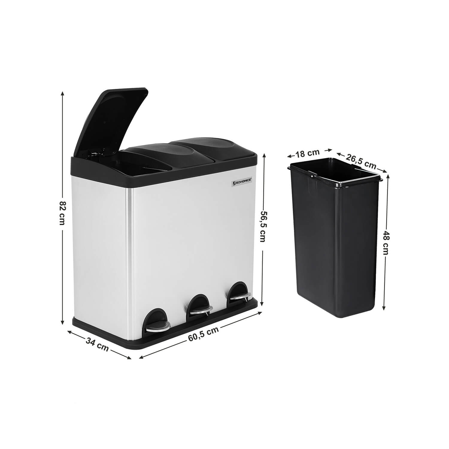 Atkritumu šķirošanas tvertne, 54 l, 3 x 18 l, nerūsējošais tērauds, sudraba krāsā - Image 7