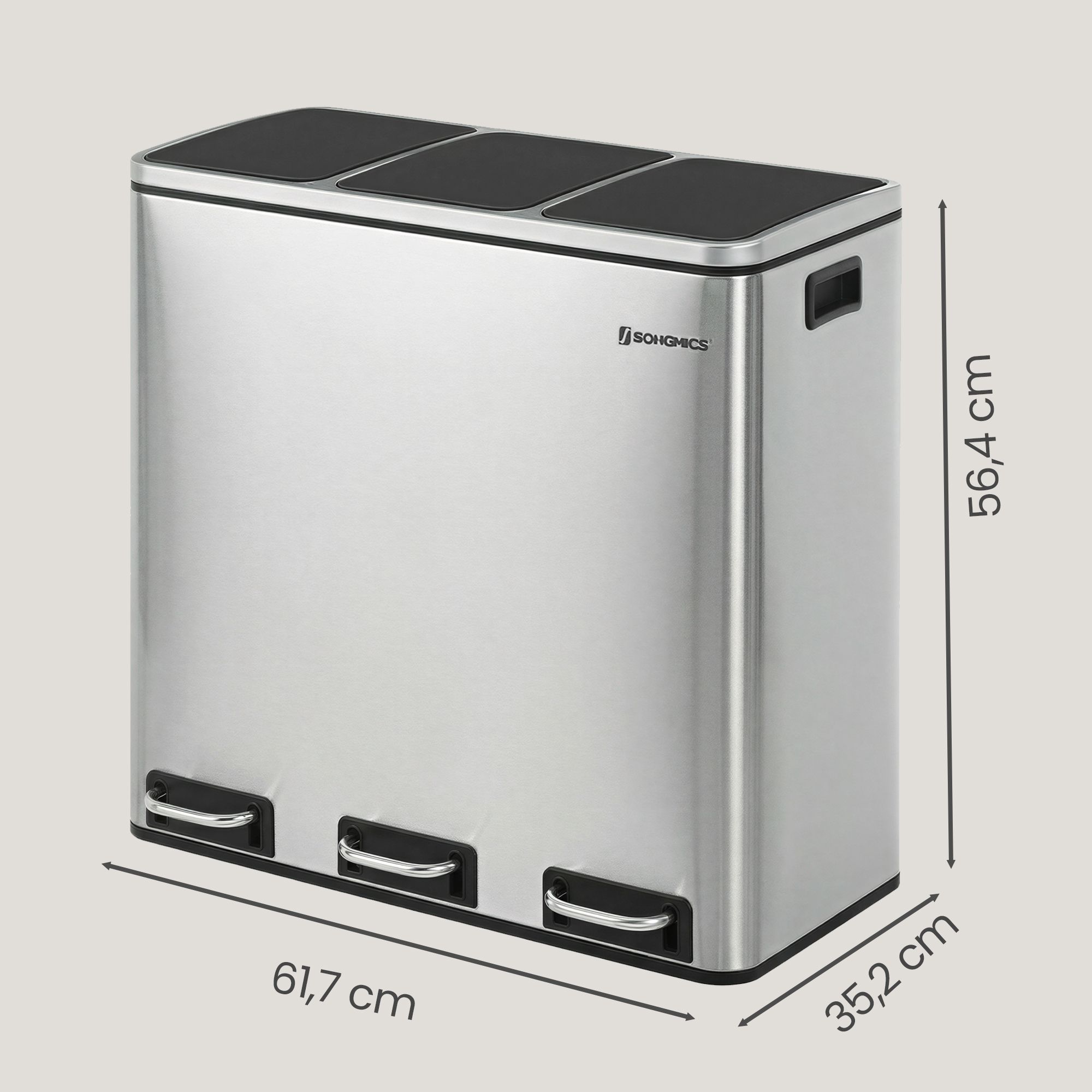 Virtuvinė šiukšliadėžė, 54 l, 3 x 18 l, 3 skyrių atliekų rūšiavimo sistema, sidabro-juoda - Image 3